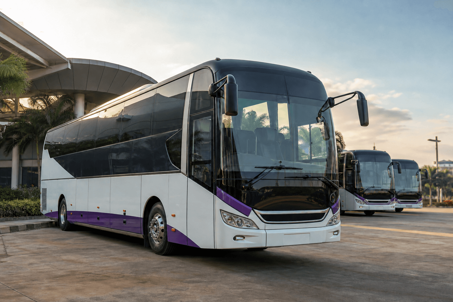 Flotte d’autocars interurbains modernes prête pour les départs