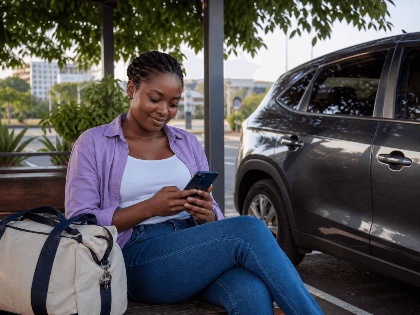Voyageuse préparant son covoiturage sur son téléphone